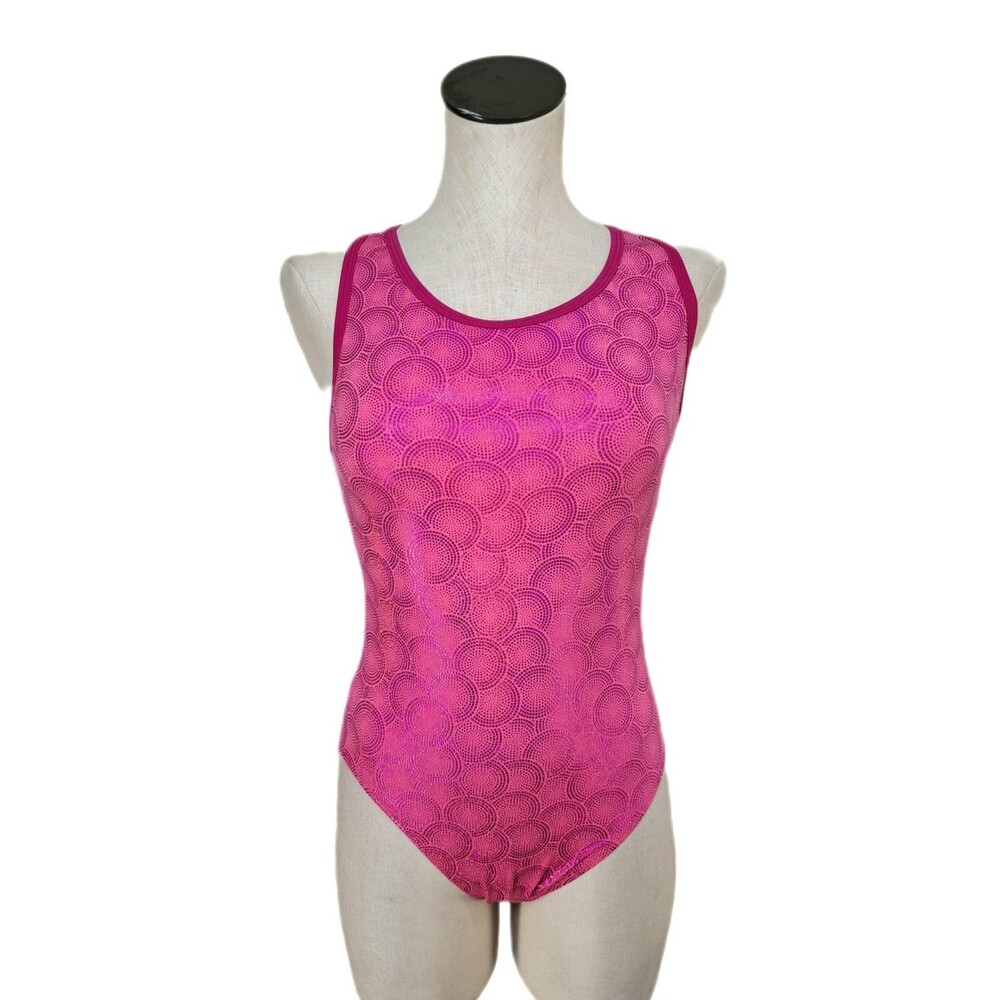 Satara VTG Barbie Pink Foiled Circles Racerback Leotard Open Back Keyhole Sz AL - Picture 2 of 15